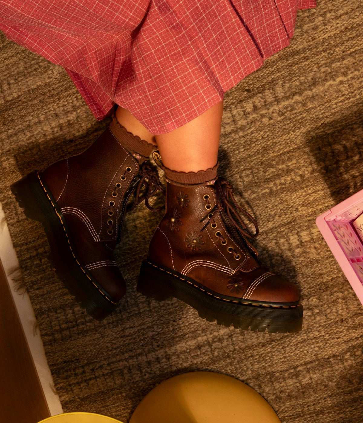 Dr. Martens Sinclair Flower Platform Boots | Grizzly Leather Quad