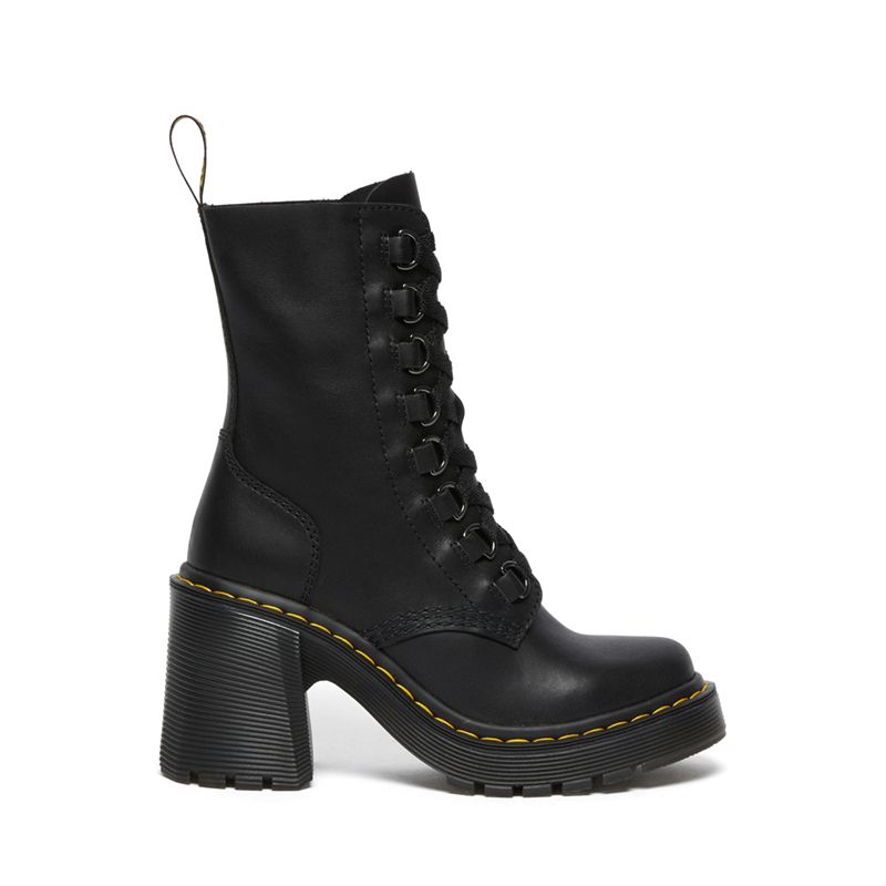 Dr. Martens Chesney Leather Flared Heel Lace Up Boots in Black | NEON