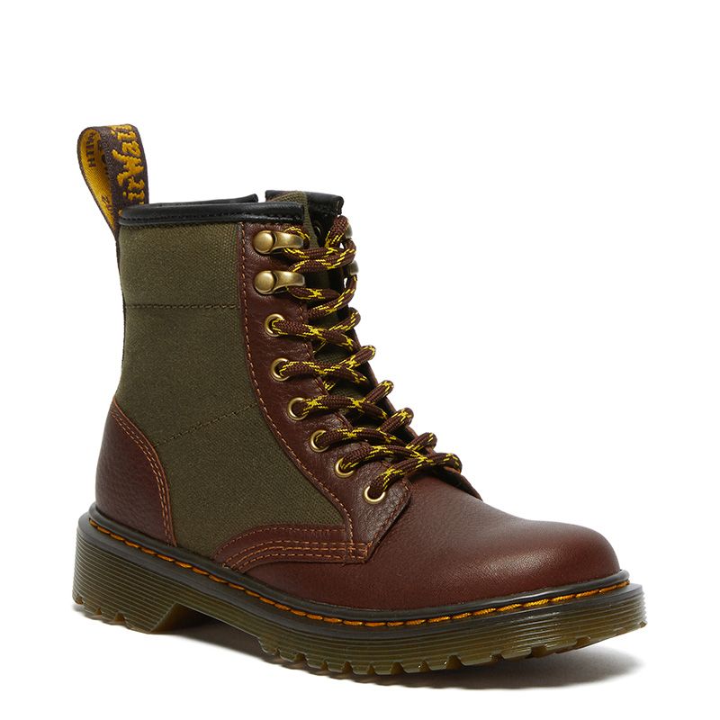 Dr. Martens Junior 1460 Panel Canvas & Leather Boots in Medium Brown/Khaki