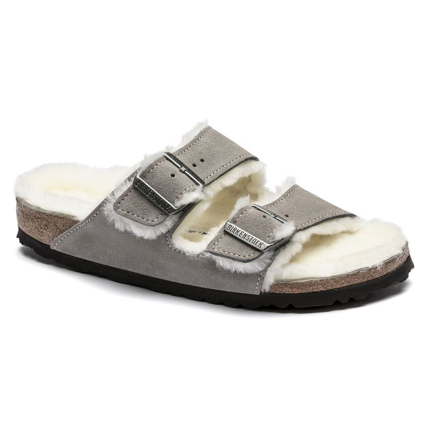 Birkenstock Arizona Shearling Suede Leather Narrow in Stone Coin