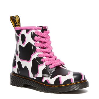 Dr. Martens Junior 1460 Cow Print Patent Leather Lace Up Boots in White