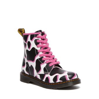 Dr. Martens Youth 1460 Cow Print Patent Leather Lace Up Boots in White