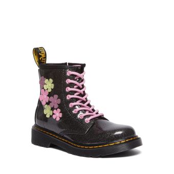 Dr. Martens Junior 1460 Glitter & Flower Applique Lace Up Boots in Black/Multi