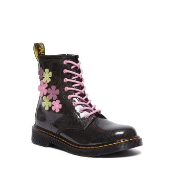 Dr. Martens Youth 1460 Glitter & Flower Applique Lace Up Boots in Black/Multi