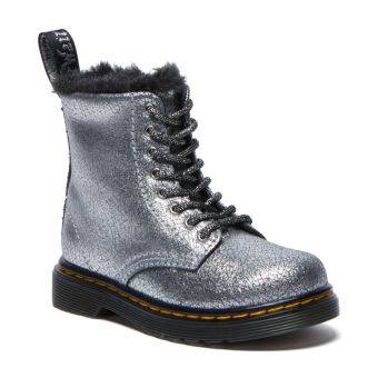 Dr. Martens Toddler 1460 Serena Distressed Foil Leather Lace Up Boots in Silver