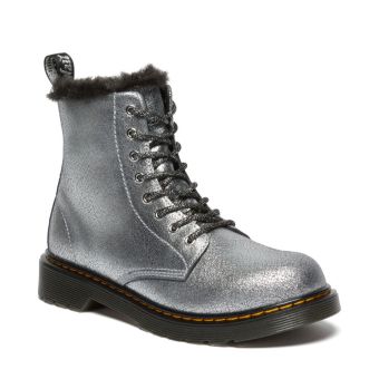 Dr. Martens Junior 1460 Serena Distressed Foil Leather Lace Up Boots in Silver