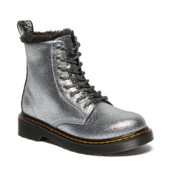 Dr. Martens Youth 1460 Serena Distressed Foil Leather Lace Up Boots in Silver