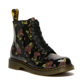 Dr. Martens Youth 1460 Decayed Rose Leather Lace Up Boots in Black