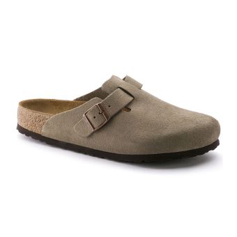 Birkenstock Boston Soft Footbed Suede Leather Narrow in Taupe