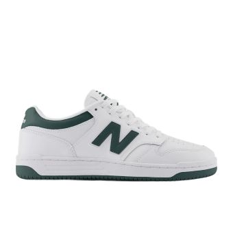 New Balance Unisex 480 in White with nightwatch green and light aluminum