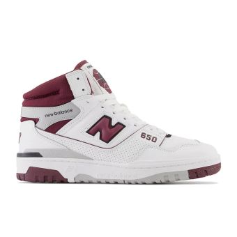 New Balance Unisex 650 in White with nb burgundy and raincloud
