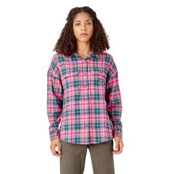 Dickies Women's Long Sleeve Flannel Shirt in Rosebud Dark Teal Plaid