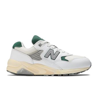 New Balance Unisex 580 in White with nightwatch green and sea salt