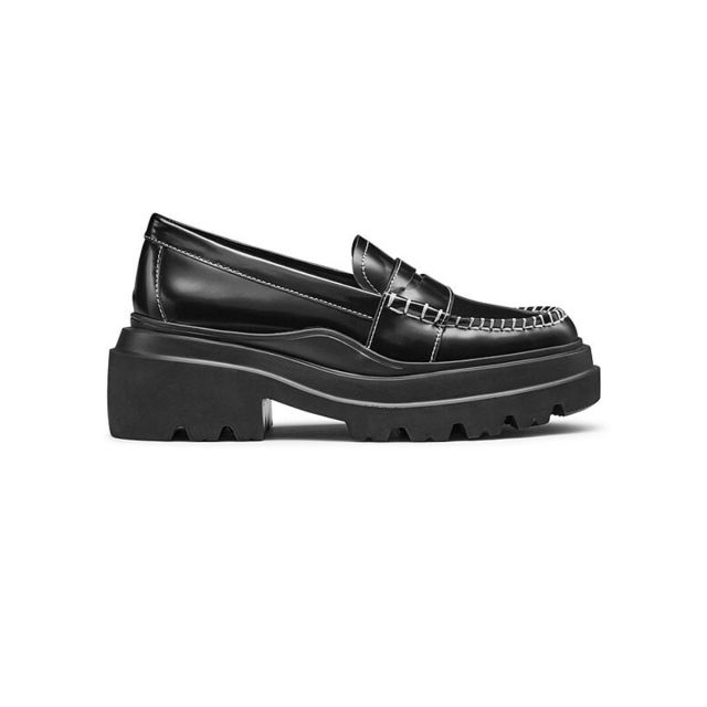 G.H.BASS Womens Platform Lug Leather Penny Loafers in Black