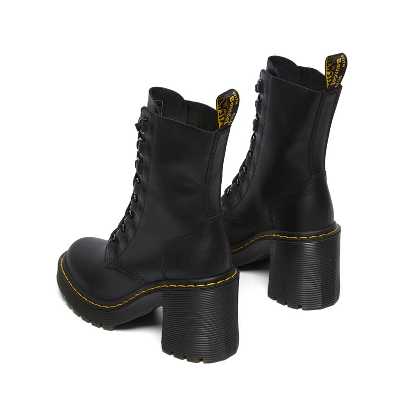 Dr. Martens Chesney Leather Flared Heel Lace Up Boots in Black | NEON