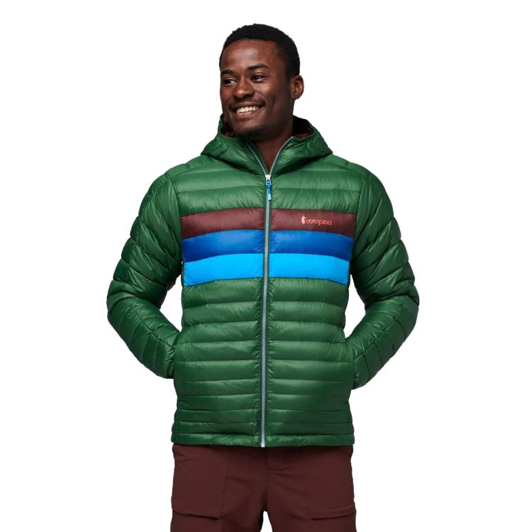 Cotopaxi Fuego Hooded Down Jacket - Men's in Forest Stripes | NEON